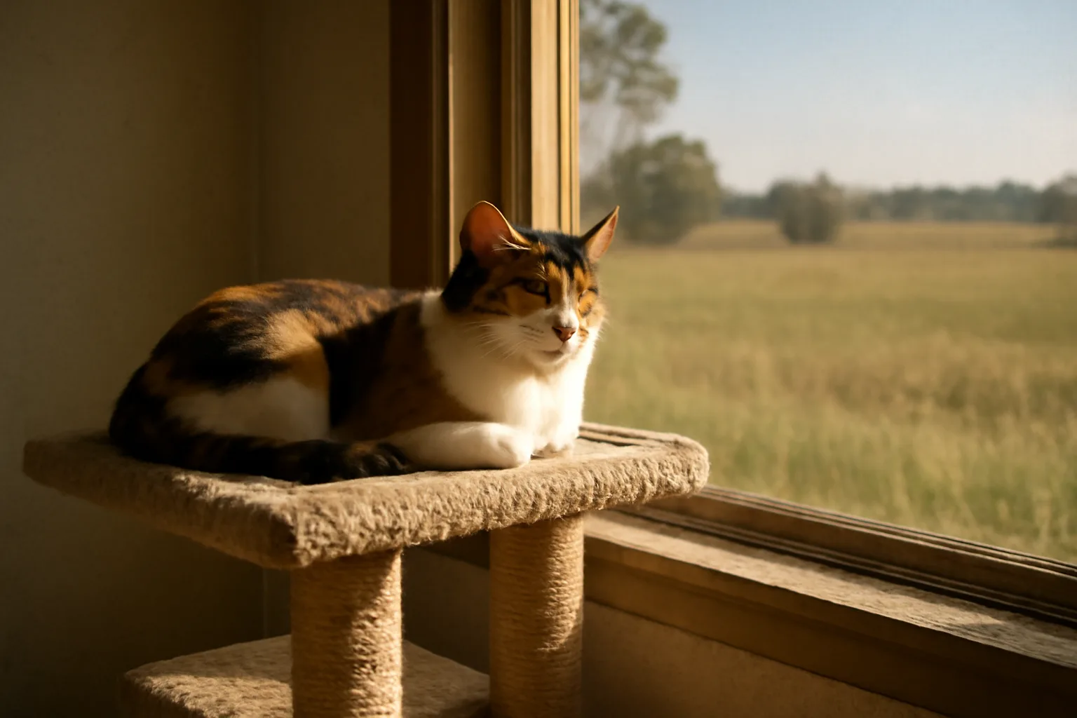 Sunlit cattery room in Arkansas with calico cat and rural view