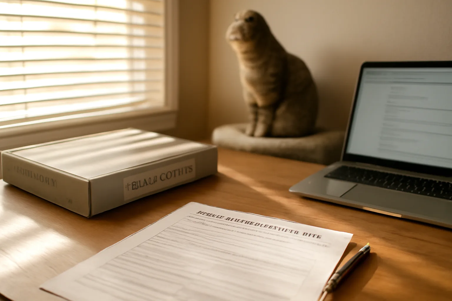 California county permit paperwork and cattery records binder on a desk with a tabby cat nearby