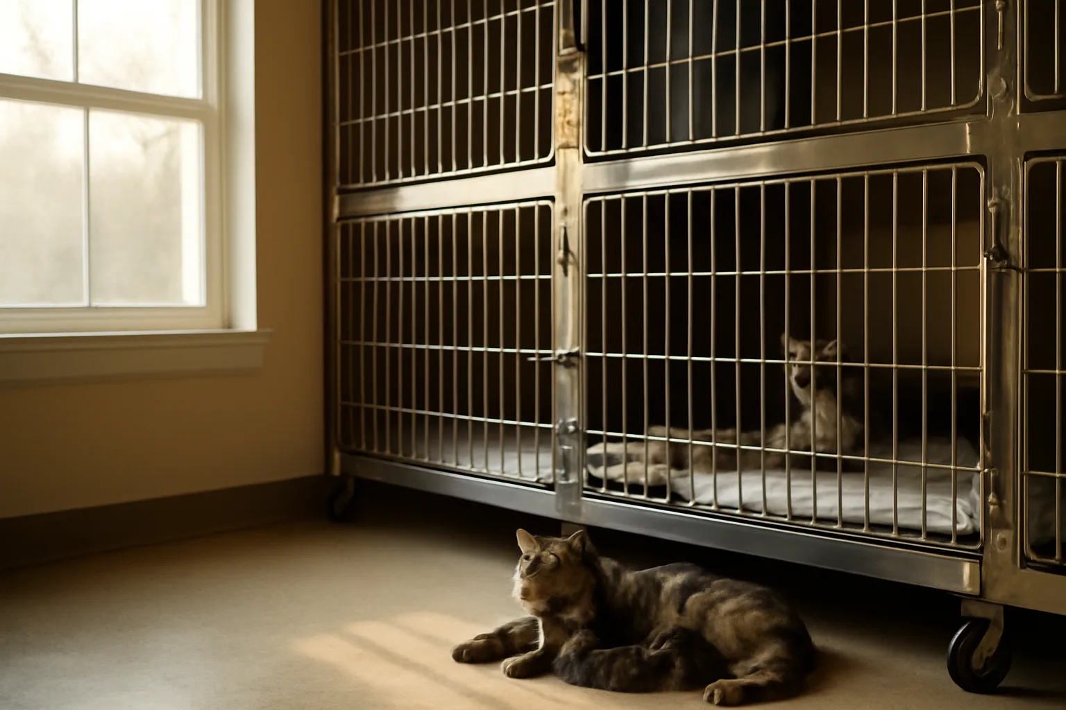 indoor cattery nursery room with a nursing cat and kittens in Arkansas afternoon light