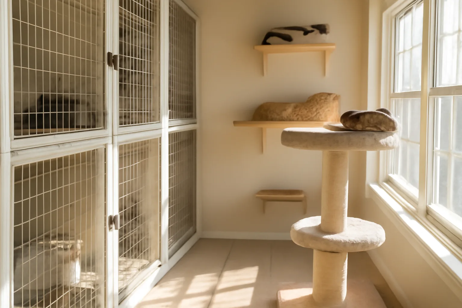 Home cattery with cats in enclosures, Connecticut setting with natural light.