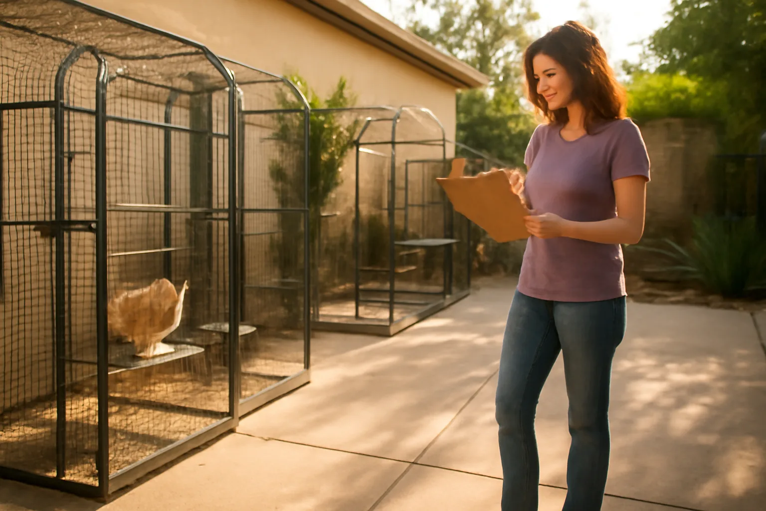 Arizona backyard cattery with shaded enclosures and a person reviewing paperwork.