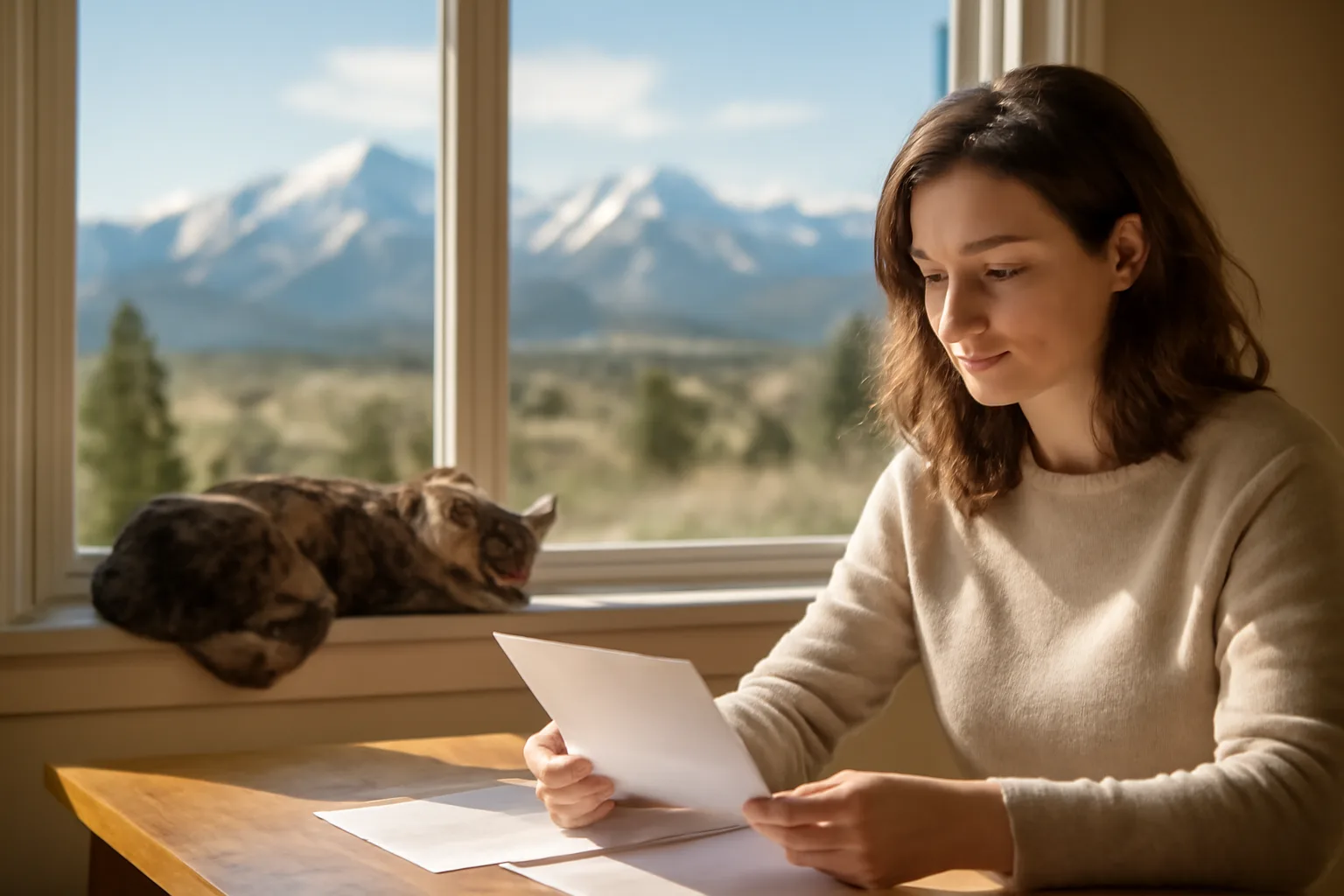 Cattery renewal paperwork with Colorado mountains in background, cat on windowsill