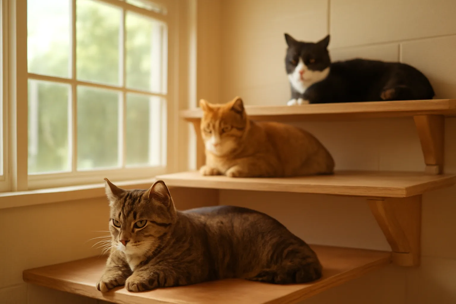 Three cats resting on wooden shelving inside a sunny Alabama cattery room