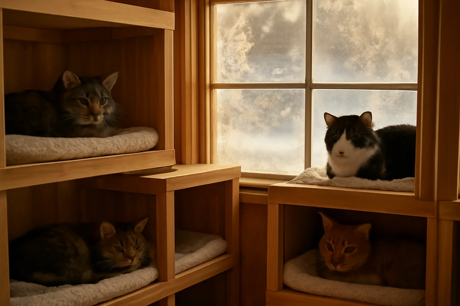 Cats resting in individual enclosures inside an Alaskan cattery facility in winter