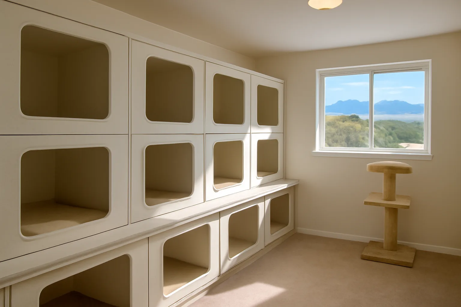 Clean indoor cattery room with cat enclosures and natural Colorado light