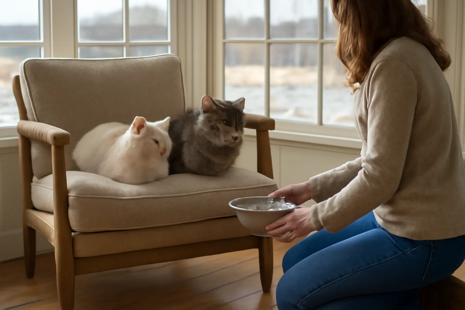 Adult cats in a quiet Delaware sunroom in afternoon light