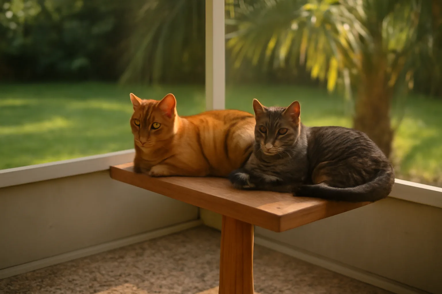 Two cats rest in a screened Florida cattery room