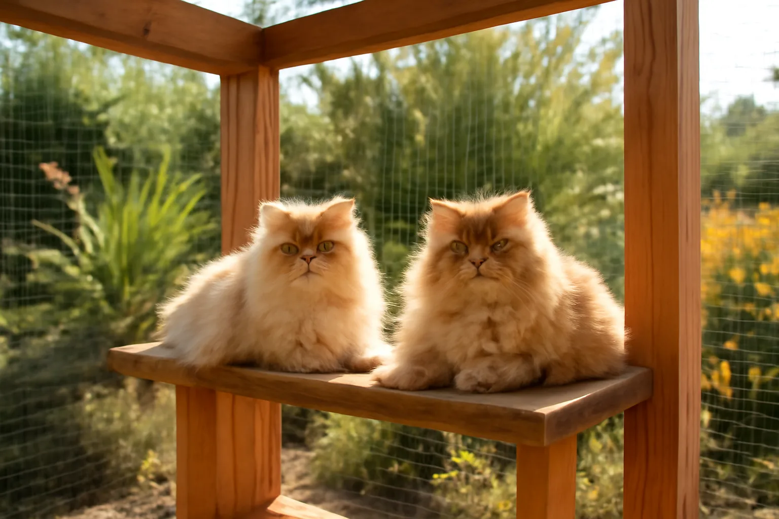 California backyard cattery enclosure with Persian cats and native plants