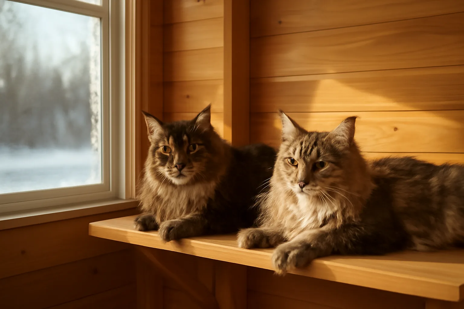 Two Maine Coon cats resting on a shelf inside a sunlit Alaska cattery room