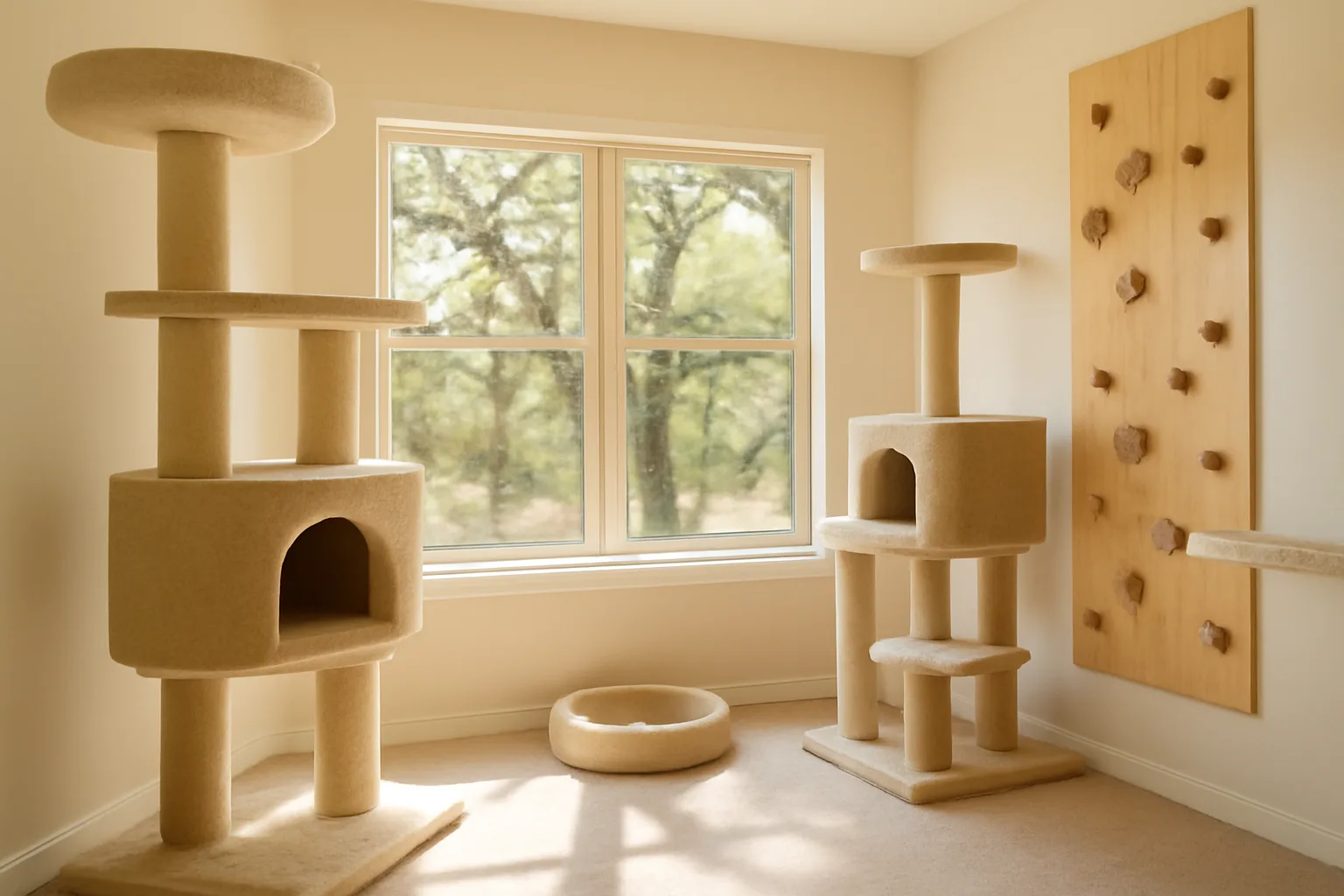 Clean modern cattery interior with window view of Arkansas woods