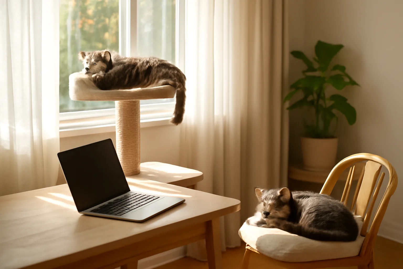 Home cattery workspace in California with cats and laptop showing licensing application.