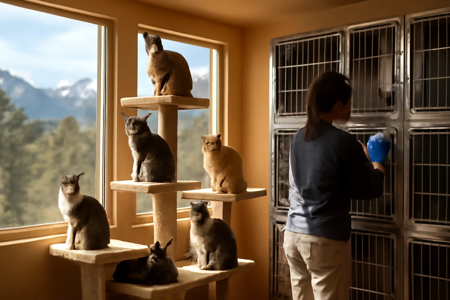 Sunlit Colorado cattery interior with cats on platforms and stainless steel enclosures.