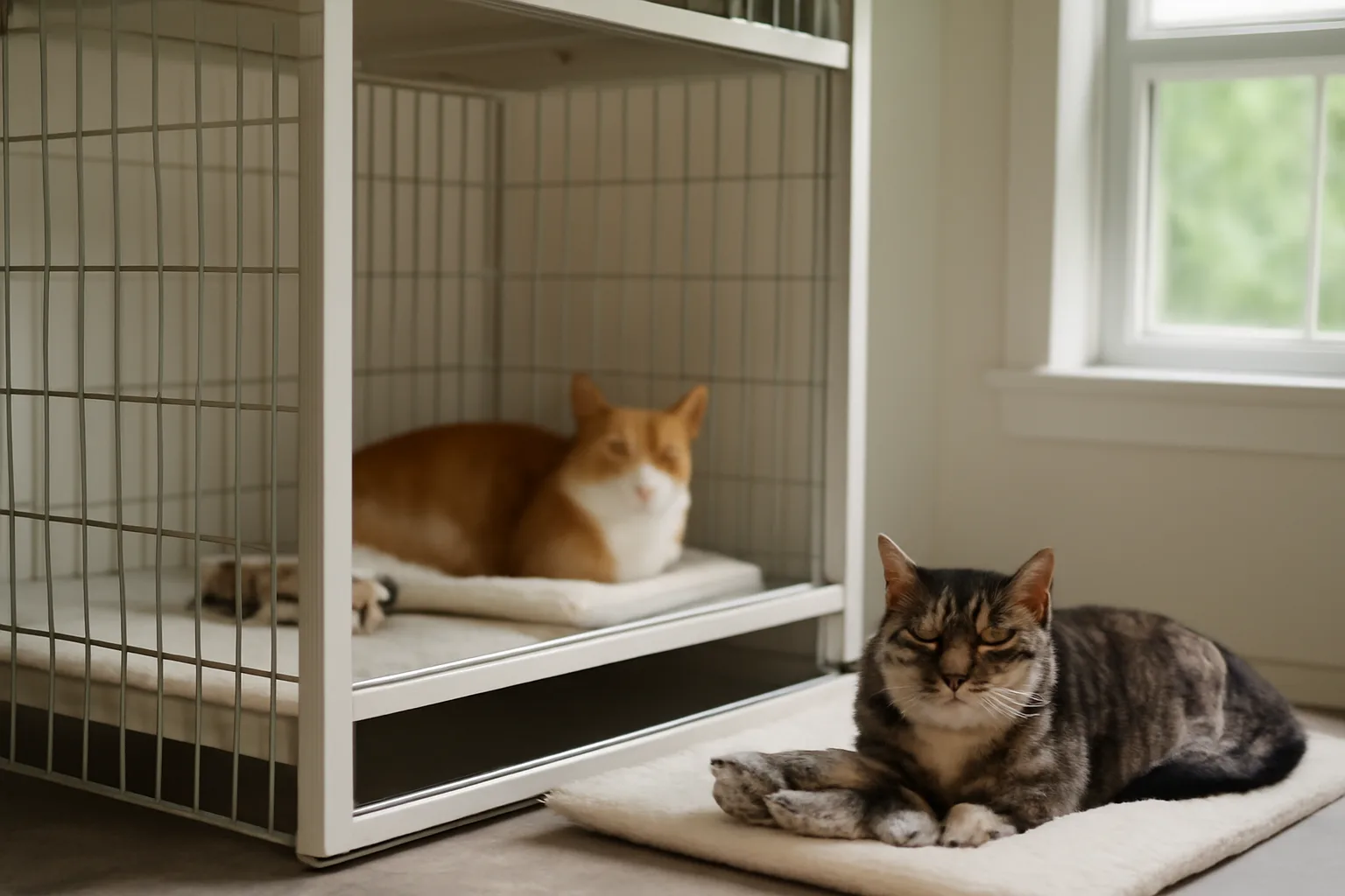 Interior of a clean home cattery room with wire cat enclosures