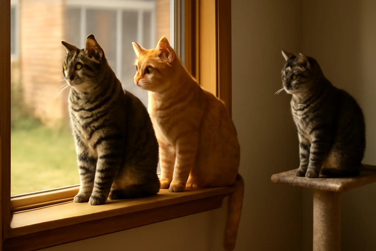 Adult cats rest in a sunlit Delaware home cattery room