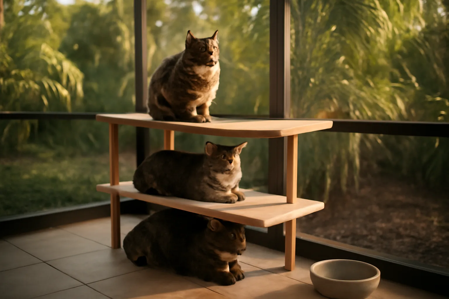 Cats rest on wood shelves in a screened Florida cattery room