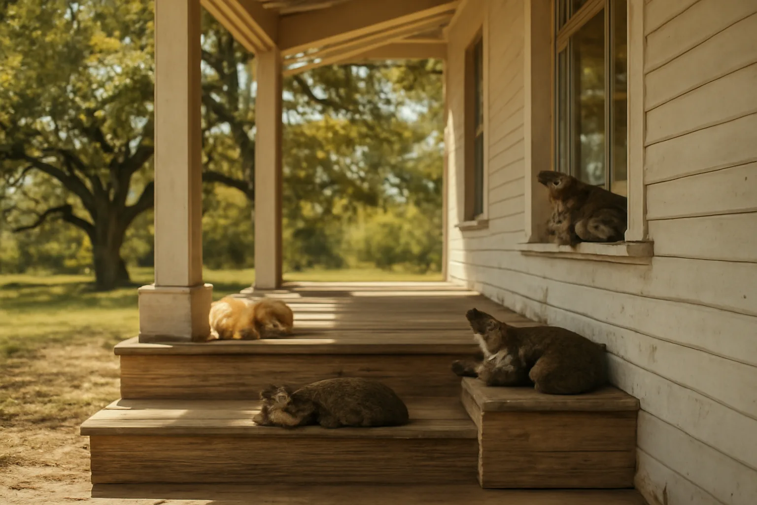 Adult cats resting on a sunlit farmhouse porch in rural Alabama