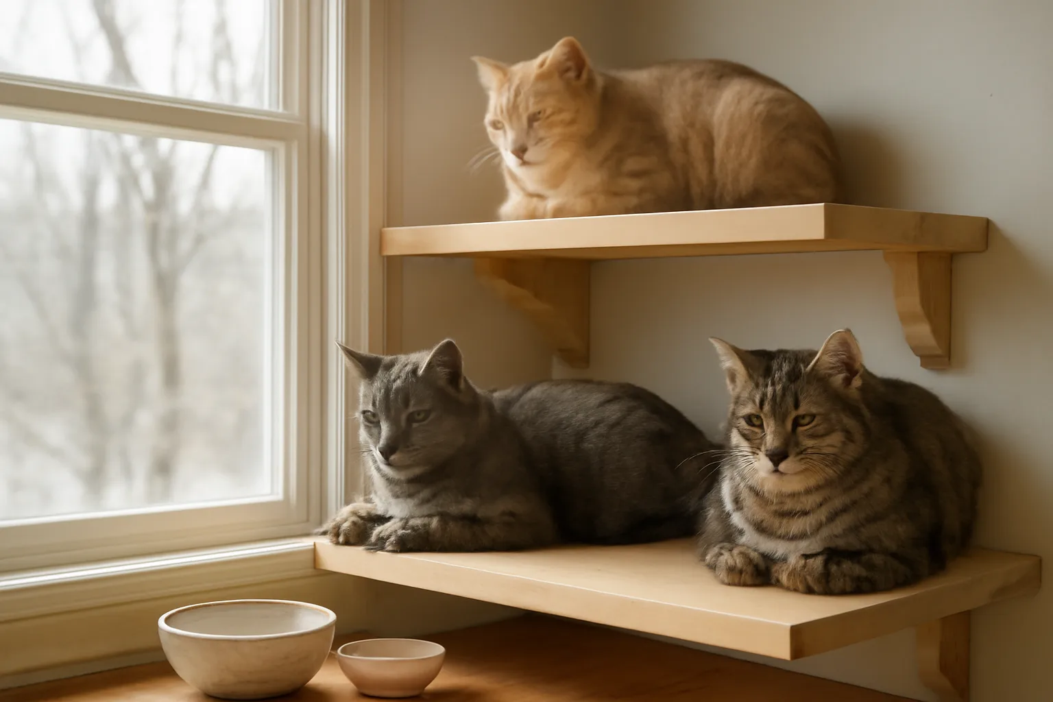 Cats resting on wooden shelves in a Delaware home cattery