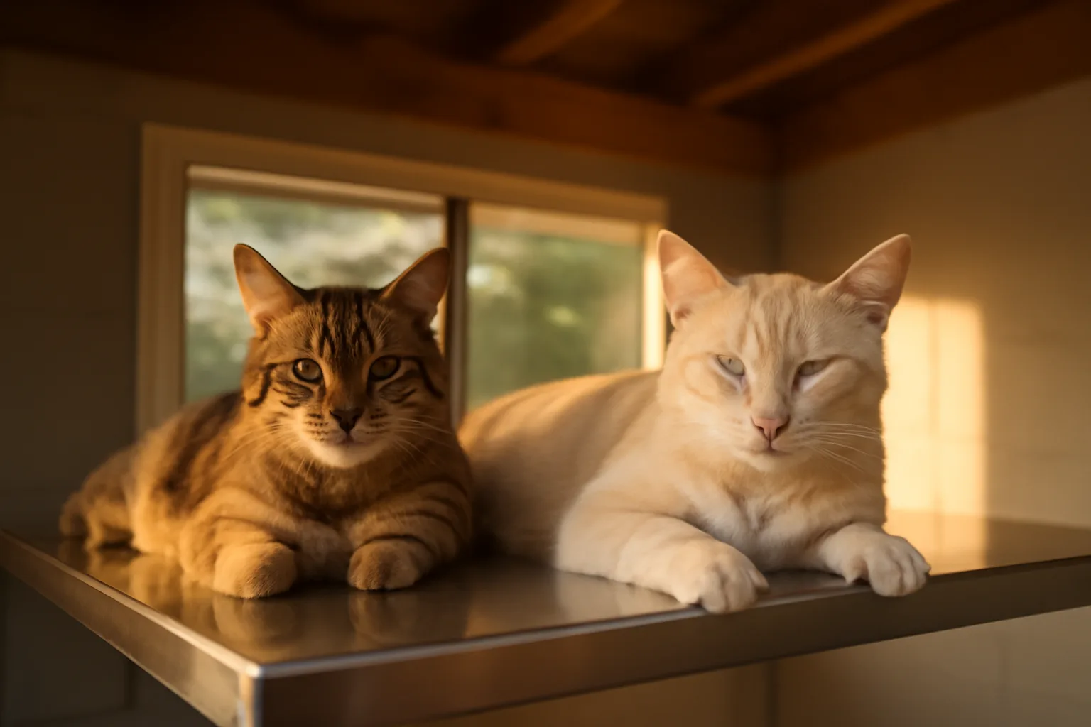 Two purebred cats resting inside a sunlit Alabama cattery room