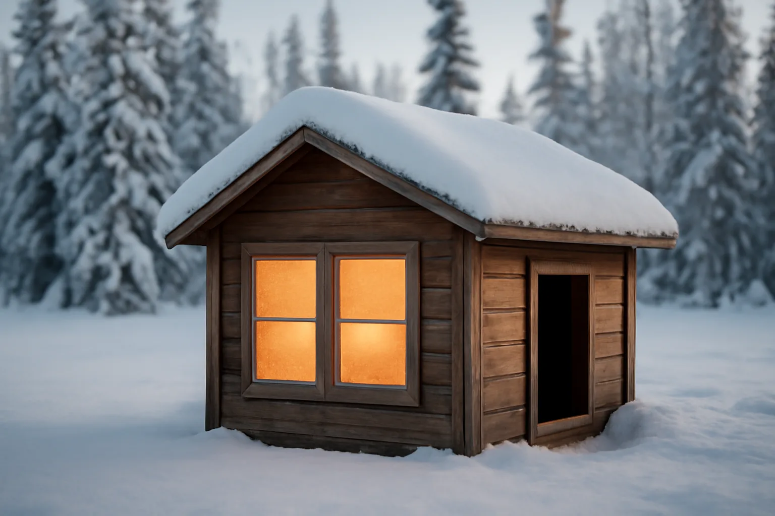 Small cattery building in snowy Alaska forest with warm interior light visible
