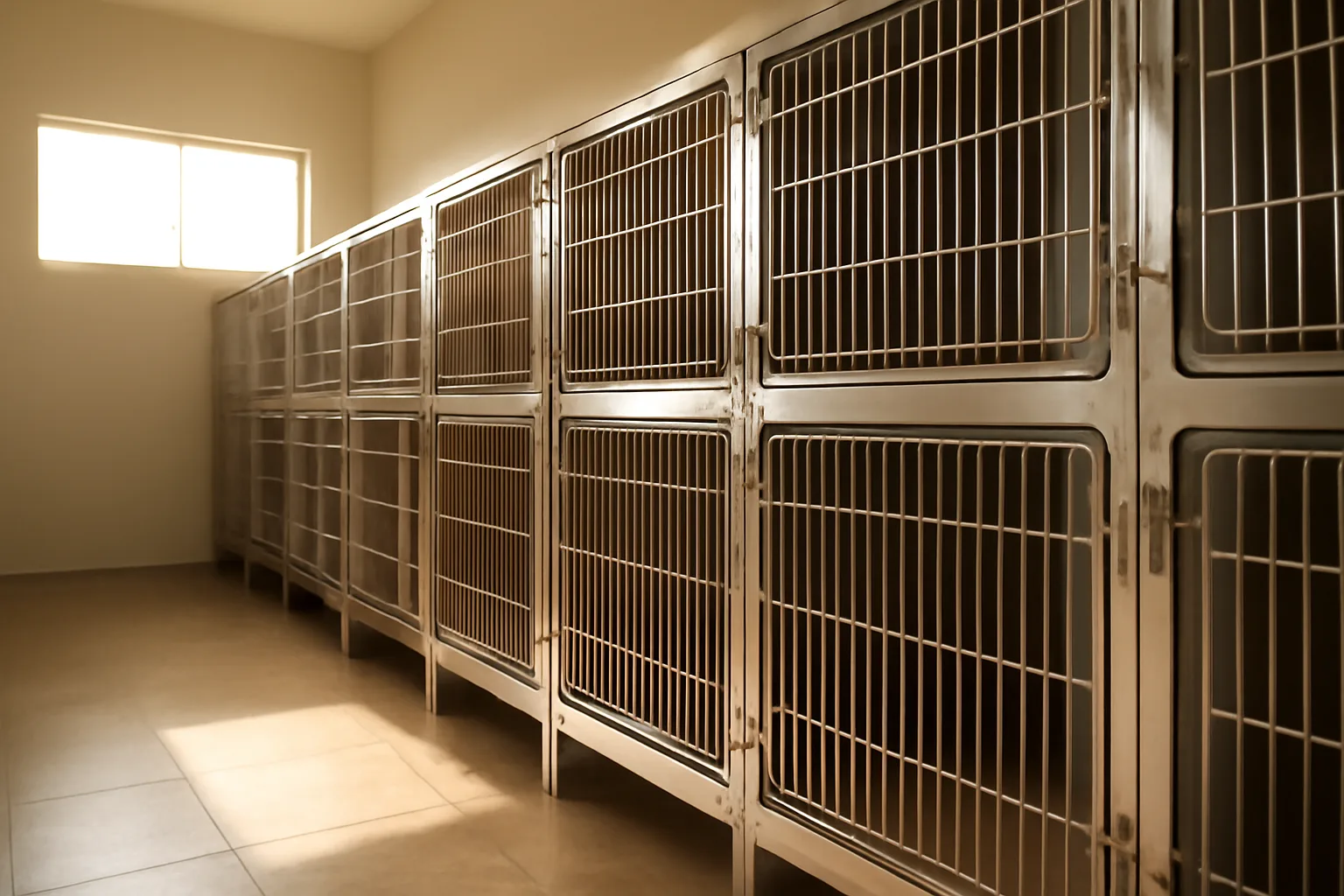 Clean cat enclosures inside a well-lit Arizona cattery facility with desert light