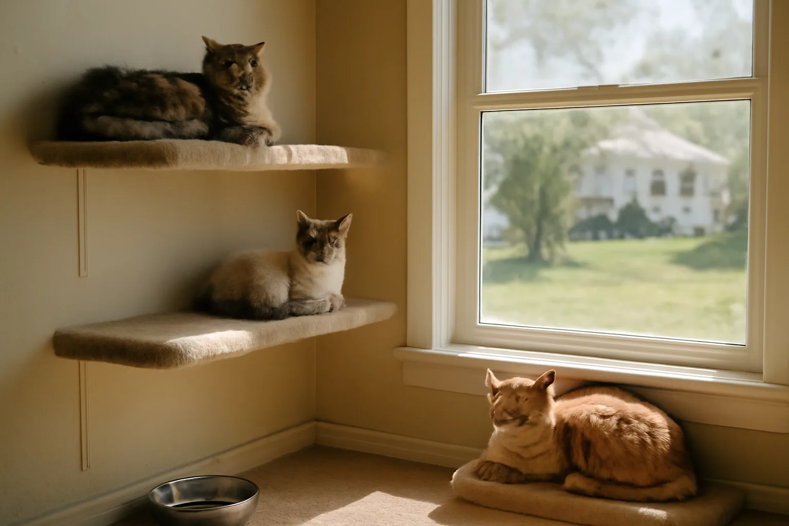 Inside a cattery in Arkansas with cats on shelves and natural light