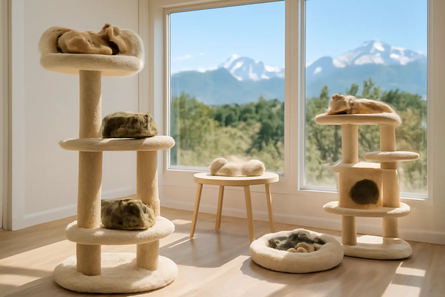 Colorado cattery interior with cats and mountain view through a window