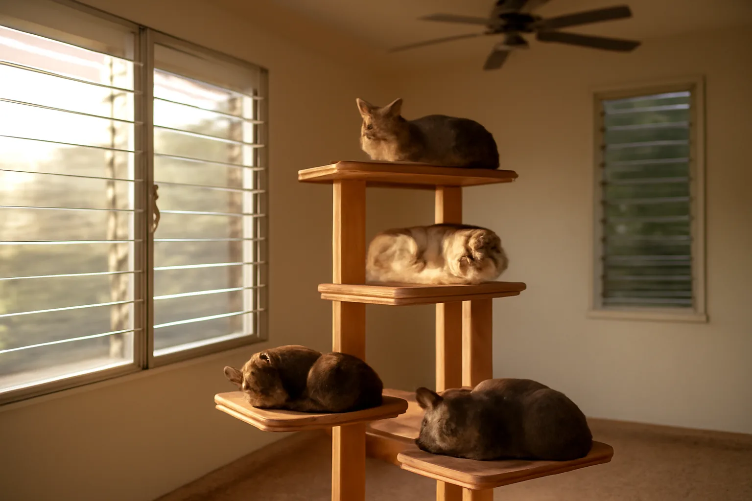Cats resting in a Florida home cattery room at afternoon light